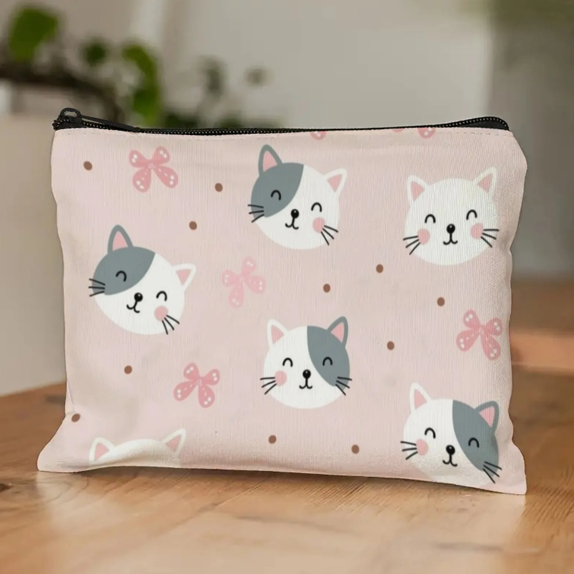 Sweet Cute Cat Cosmetic Bag with Pink Polka Dots & Bows Adorable Organizer for Lipstick & Hair Accessories Ideal Lovely Gift