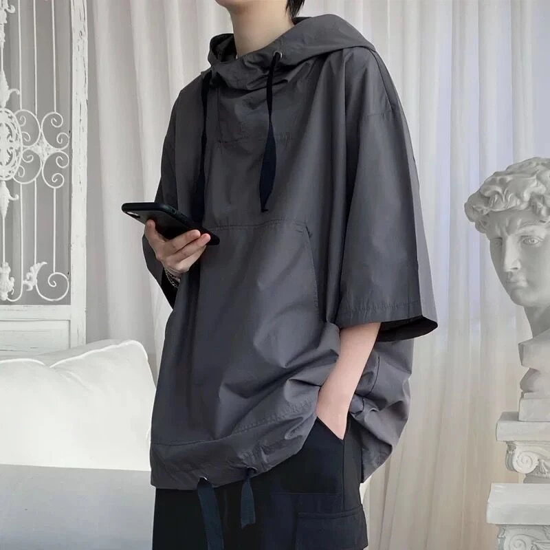 

Summer Half Short Sleeve Men Hooded Pullover Solid Hip Hop Fashion Punk Student Oversized Clothes Black Grey Cool Pockets Tops