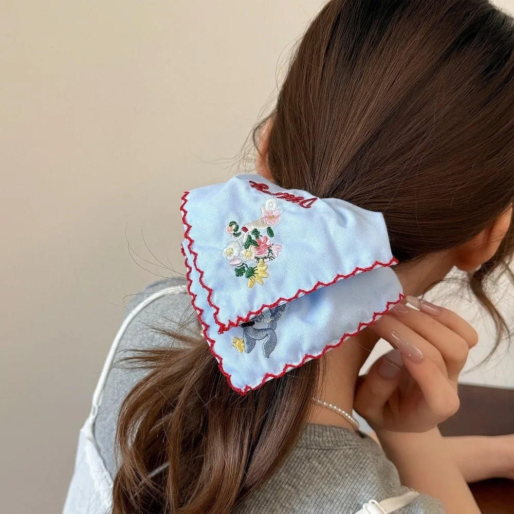 Ikat Rambut Bordir Bunga Retro Aksesoris Rambut Persegi Tali Rambut Bermotif Bunga Ikat Rambut Biru