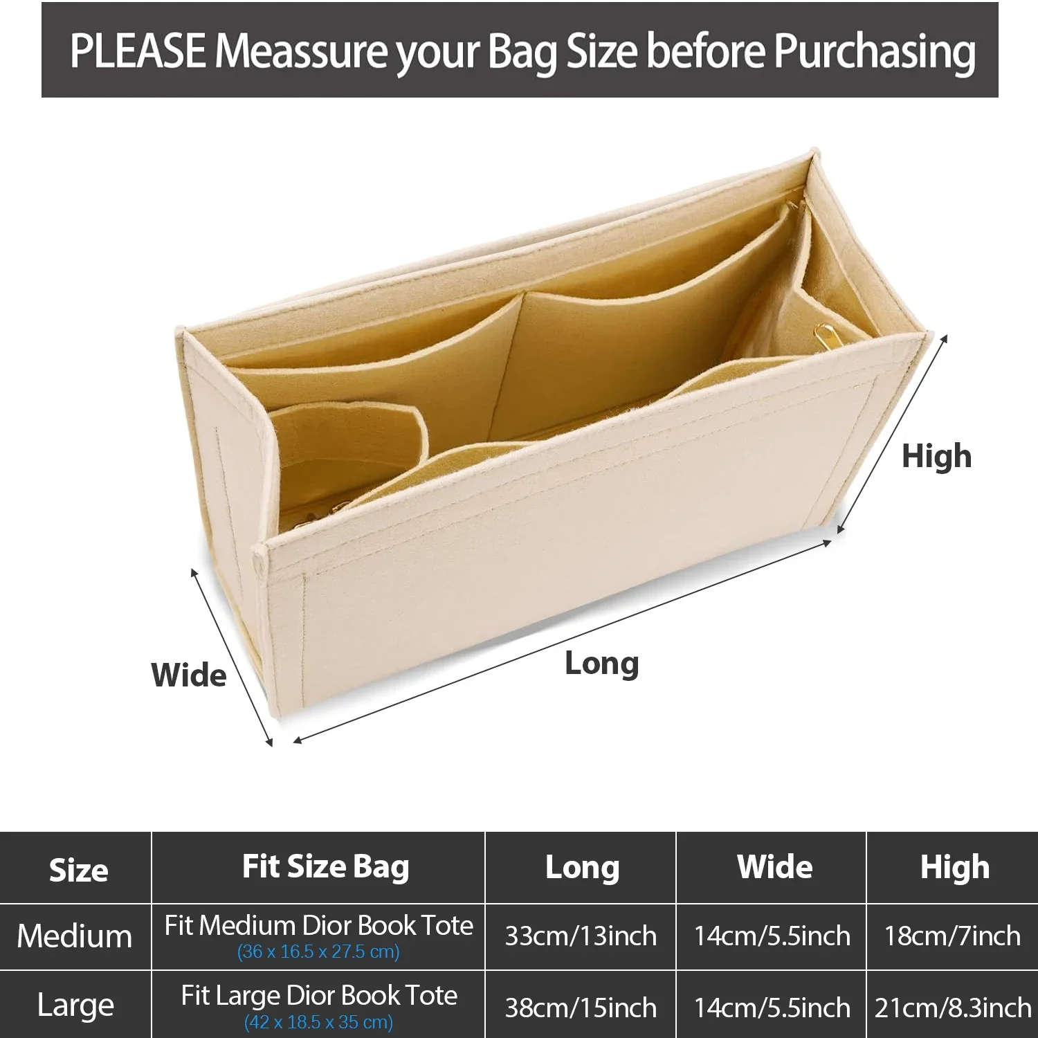 Purse Insert Organizer for dior book tote Small Bag Insert Premium Purse Felt Insert Multiple Pockets