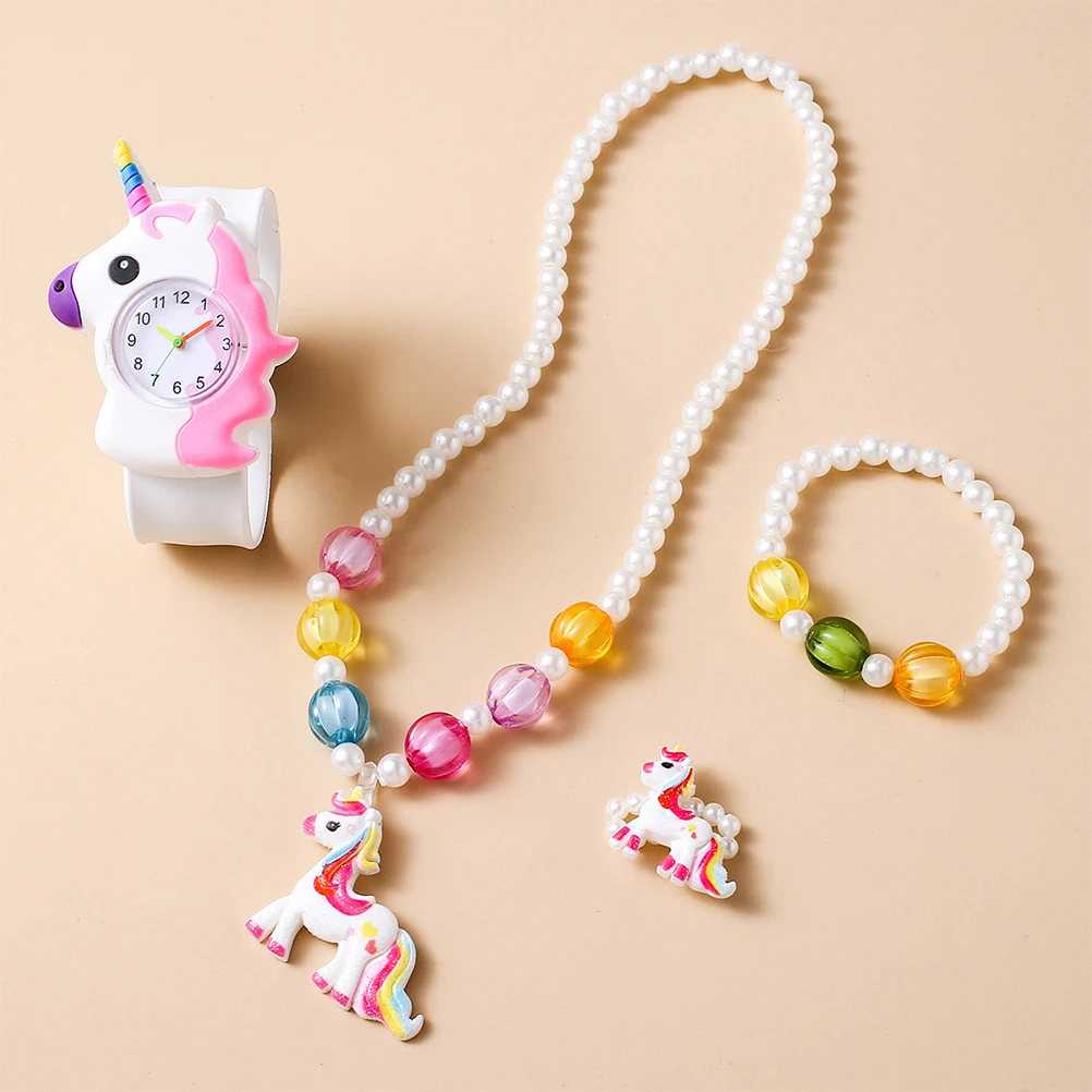 Unicorn Silicone Jewelry Set Watches Kids Snap Bracelet Necklace Colorful Cartoon Digital Slap Watch Lovely Wristwatch Adorable
