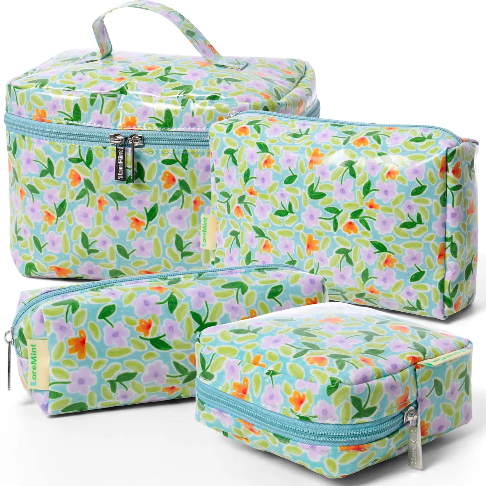 Green Floral Print Waterproof Makeup Bag Set of 4 – PVC Coated Travel Cosmetic & Wash Bag Organizer