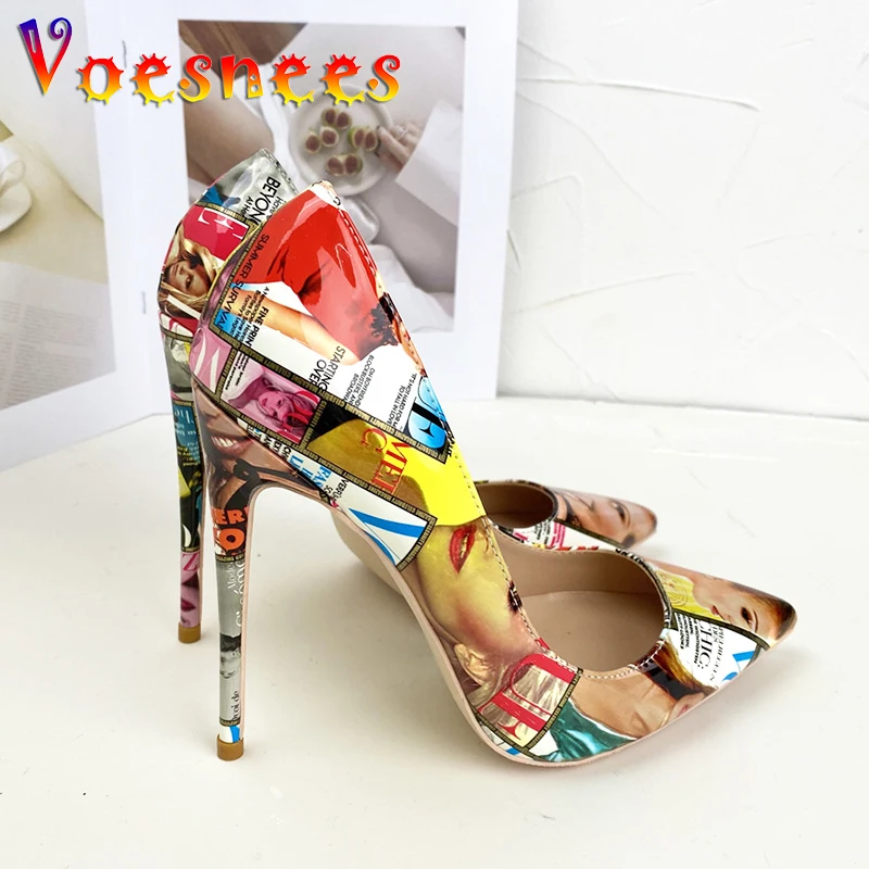 

12CM Poster Letter High Heels Colorful Pointed Toe Print Women's Shoes Outdoors Street Walking Europe And America Style Pumps