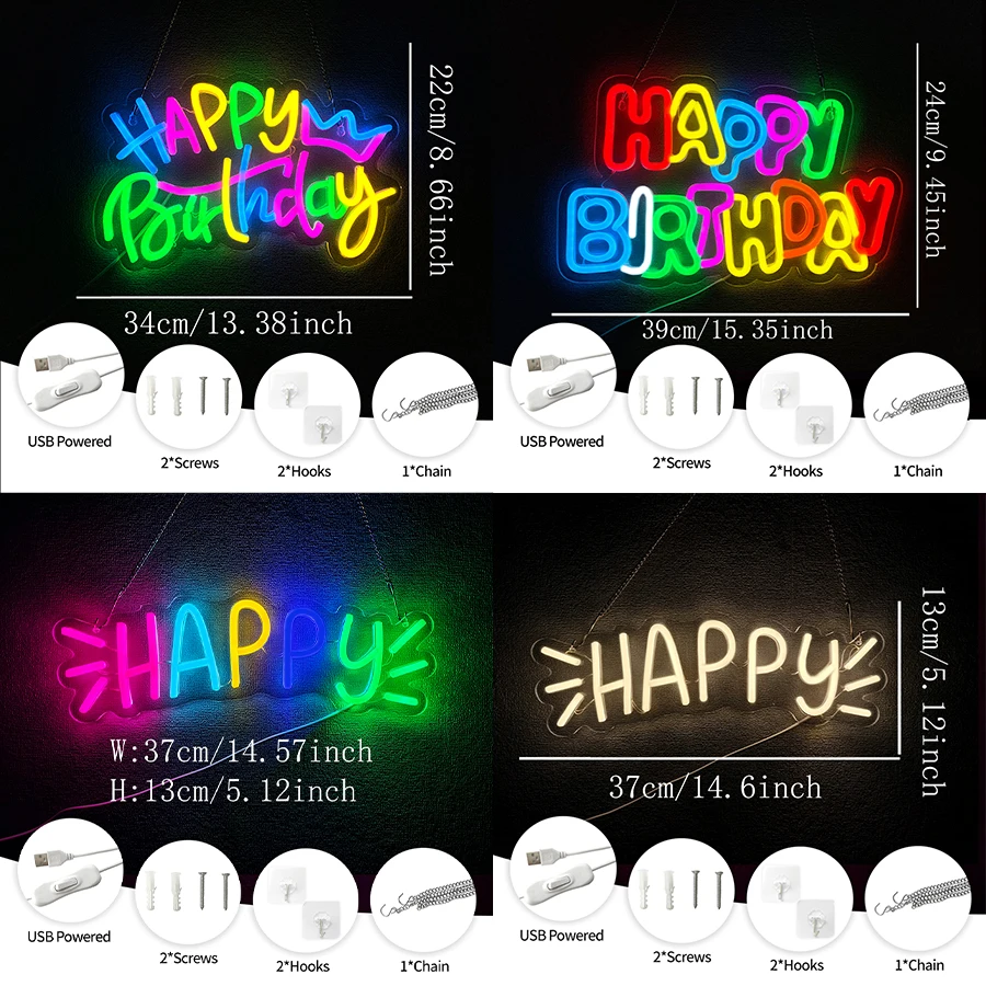Happy Neon Sign For Wall Decor,Light Up Sign For Bedroom,Living Room,Man Cave,Wedding Decor,Bar,Birthday Party,Gift For Friends