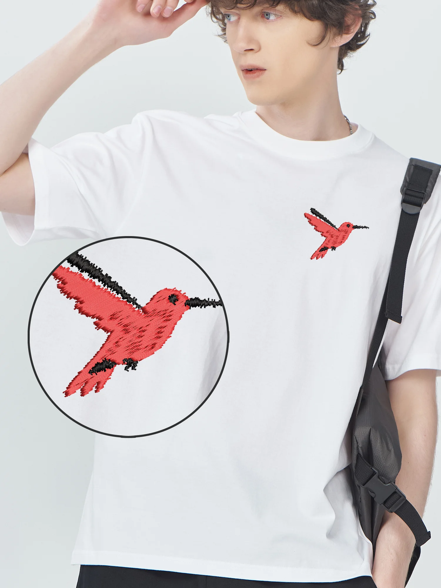 

Red Bird Embroidery Tshirt Animal Design Fashion T Shirt Men Comfortable Cotton Embroidery T-Shirt Summer Tee