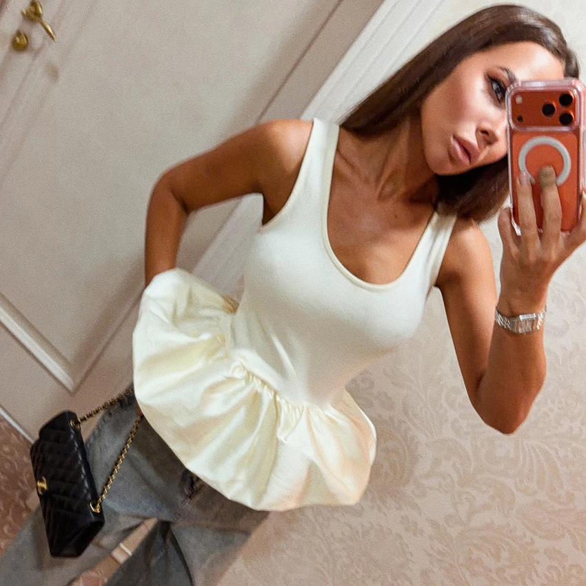

Linad Elegant Satin White Ruffles Tank Top Street Chic Solid Sleeveless Vest Female Elegant Solid U Neck Silk Camis 2025 Summer