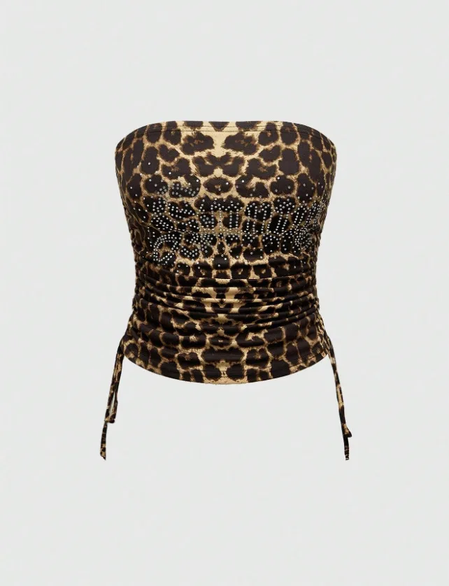 Amerikanischer Sommer Leopardenmuster Patchwork Spicy Girl Mode Y2K Einteiliger Trägerloser Tanktop-Hosenanzug für Damen – Detail 7