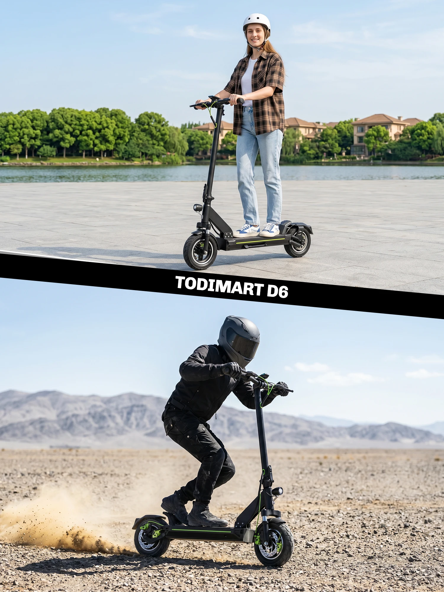 TODIMART D6PRO Elektrischer Scooter für Erwachsene 48V 18,2Ah Akku 60KM Reichweite 10 Zoll All-Terrain-Reifen Vordere Federung Smart APP Steuerung Doppelte Scheibenbremse Faltbarer E-Scooter