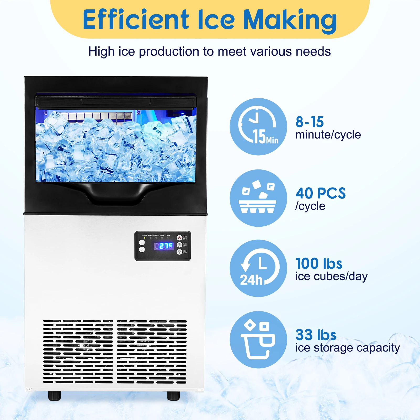 Máquina de hielo comercial, dispositivo independiente de acero inoxidable con contenedor de almacenamiento de 33 libras, listo para hielo en 5-15 min, 100 Lbs/24H