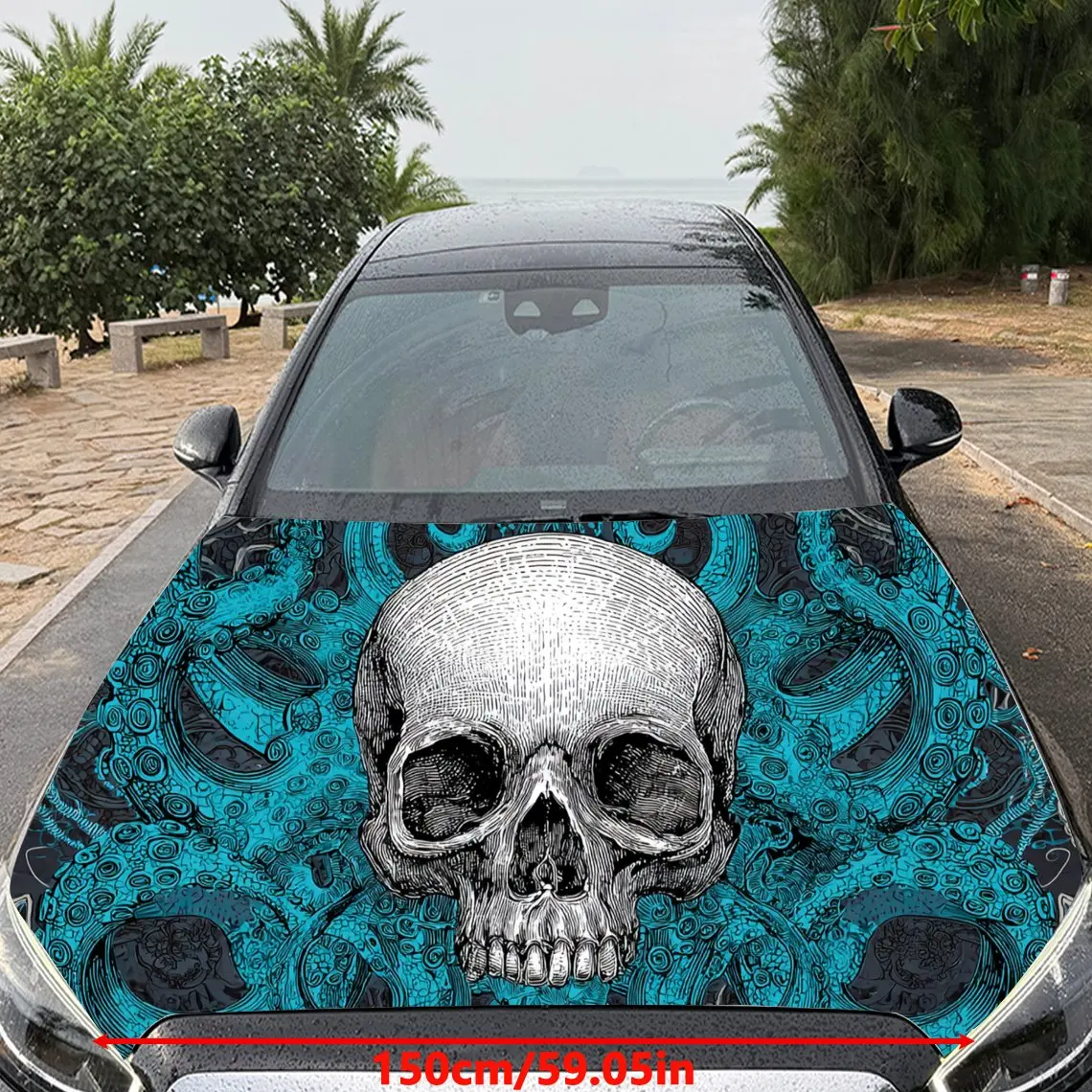 Car Decal Skull with Turquoise Octopus Tentacle Background & Artistic, Edgy Visual Details Car Hood Sticker, Waterproof Self - A