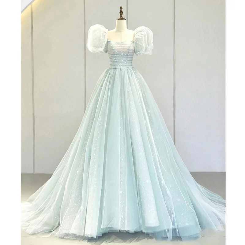 

Blue Fairy T Princ Gown Puffy Tulle Skirt Host Ball Exam Elegance Evening Dr Women's Bubble Sve U-Ne Long Dr