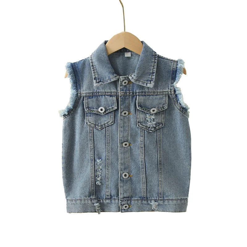 Vintage Light Blue Unisex Child Ripped Denim Waistcoat for Boys Girls Casual Sleeveless Jeans Jacket Vest Kids Fashion Waist Coa