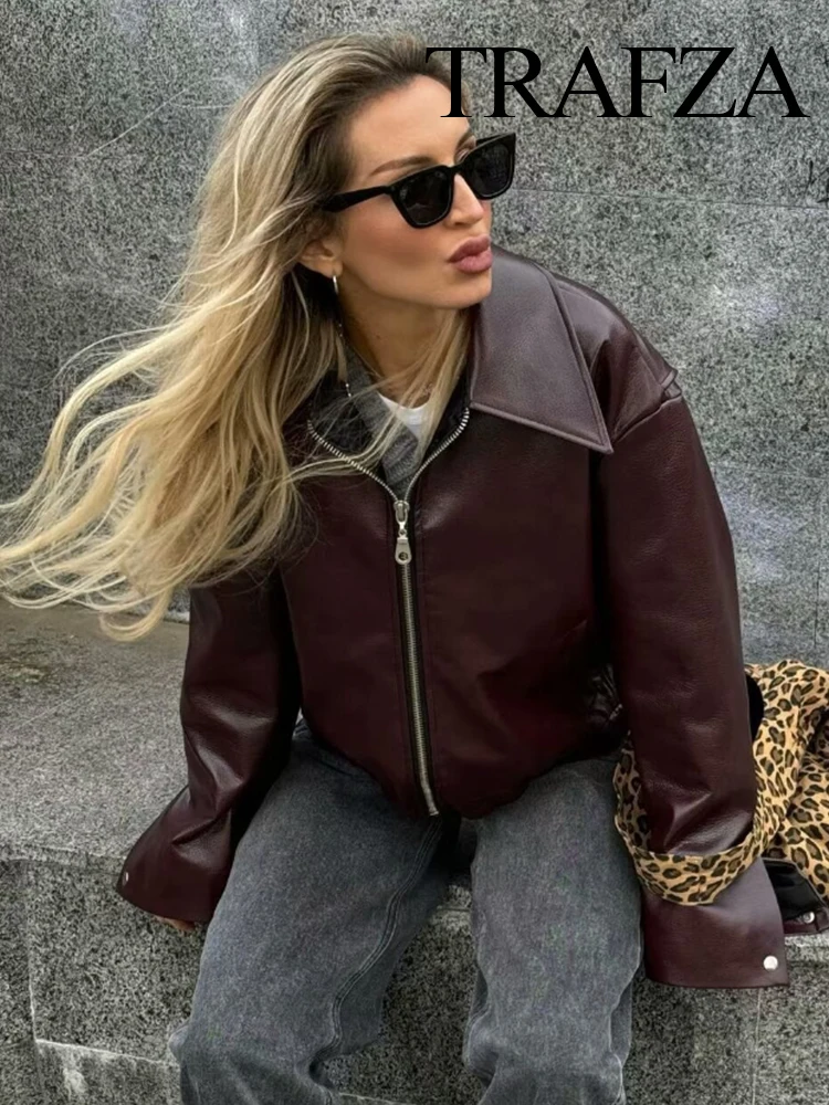 TRAFZA 2024 Winter Women's Trendy Leather Jacket Coat Retro Lapel Zipper High Street Women's Leather Jacket 2 Color Tops Y2K