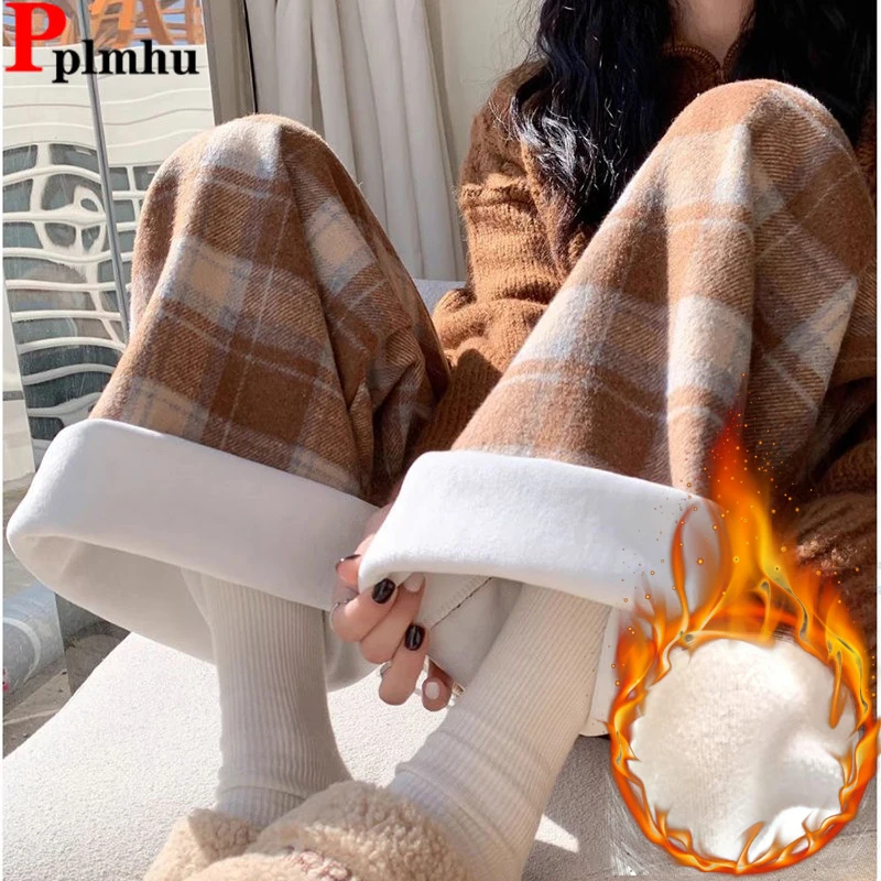 

Plaid Plush Velvet Lined Woolen Wide Leg Pants Winter Casual Spodnie Lace Up High Waist Baggy Trousers Korea Women Pantalones