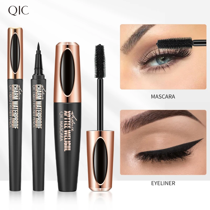 QIC Mascara with Eyeliner Combo Black Slim Drawing Line Smooth Definition Long Lasting Waterproof Eye Makeup 2 Pcs Set