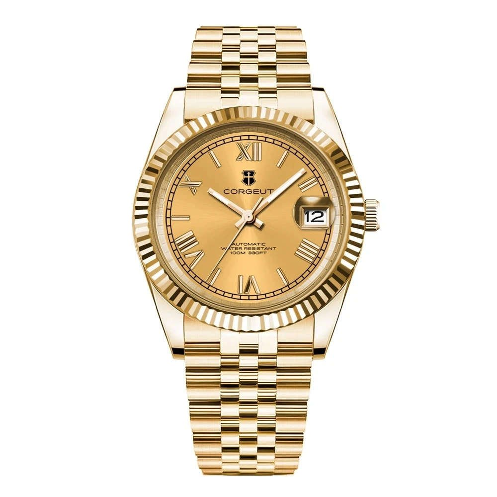 36 มม./39 มม.หรูหรา NH35 อัตโนมัตินาฬิกาข้อมือตัวเลขโรมันนาฬิกาผู้ชายไพลินคริสตัล 10 บาร์ทอง Reloj hombre