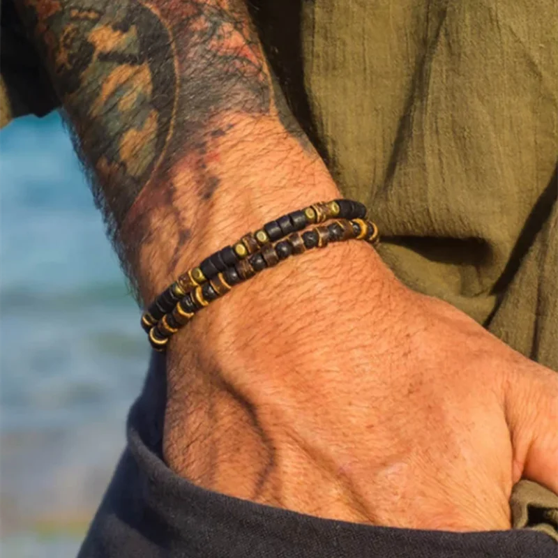 2PCS Wood Braided Wrap Leather Bracelet for Men Vintage Life Volcanic Stone Men's Bracelet Fashion Male Armband