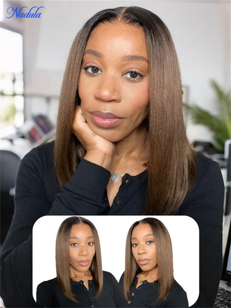 Nadula Bye Bye Knots Yaki peluca recta Bob Color castaño marrón degradado 7x5 peluca sin pegamento de aspecto Natural pre-blancado