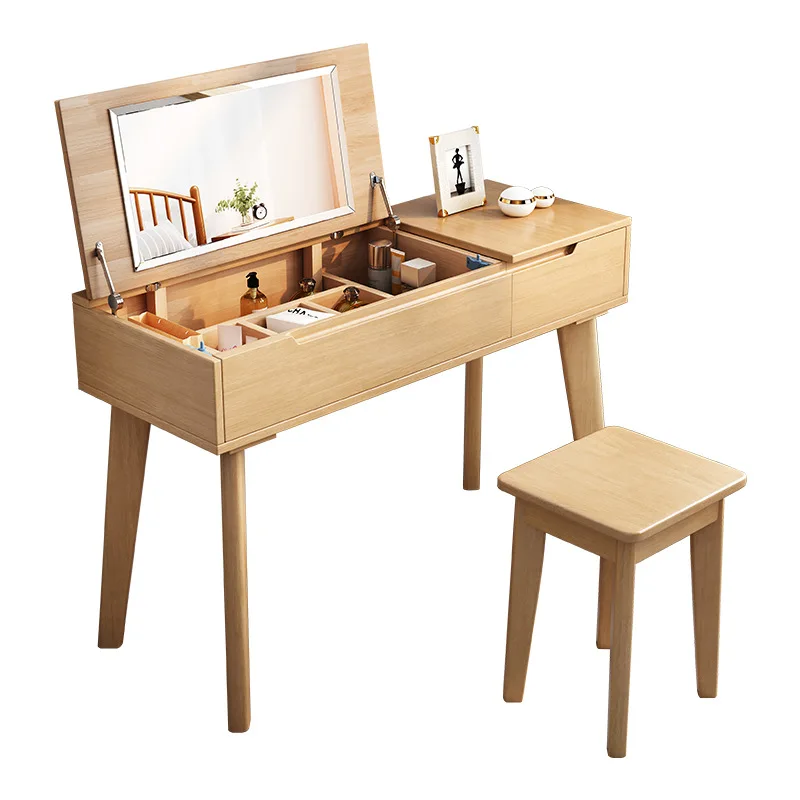 

Solid wood flip dresser modern simple mirror integrated small apartment style Nordic bedroom storage table