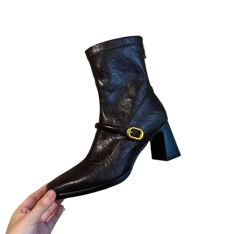 

Hot Selling 2025 Thick Heel Elastic Slim Women Ankle Boots Fashion Square Toe Autumn Winter Ladies Elegant Mordern Short Booties