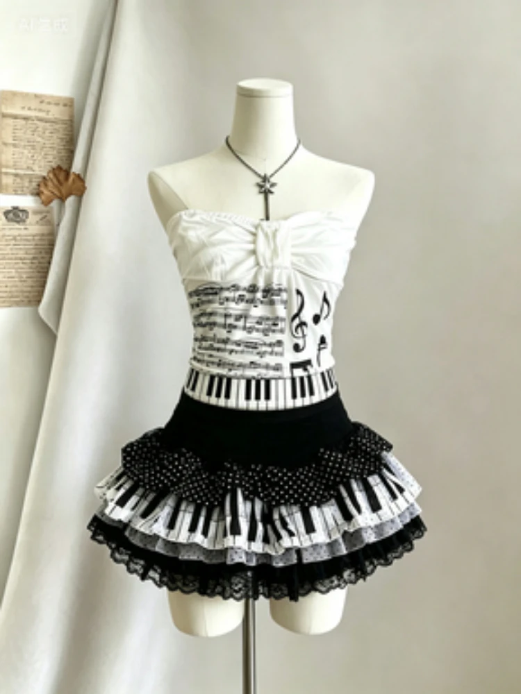 Piano Printed Sleeveless Vest Crop Tops Y2k Mini Skirts Women American Vintage Japanese Subculture Summer Streetwear