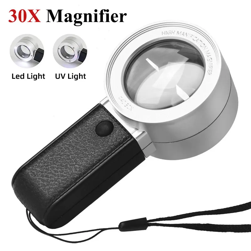 Lupa Profissional com Luz uv Led Óculos Ópticos de Camada Dupla Lente de Lupa Portátil Lupa de Jóias para Senior 30x