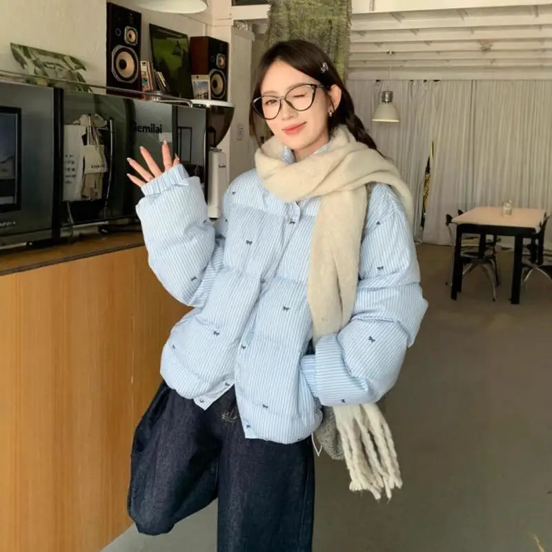 

Winter Women's Down Cotton Jacket Korean Style Stand Collar Bread Cotton Padded Jacket Preppy Style Color-Blocking Stripes Coat