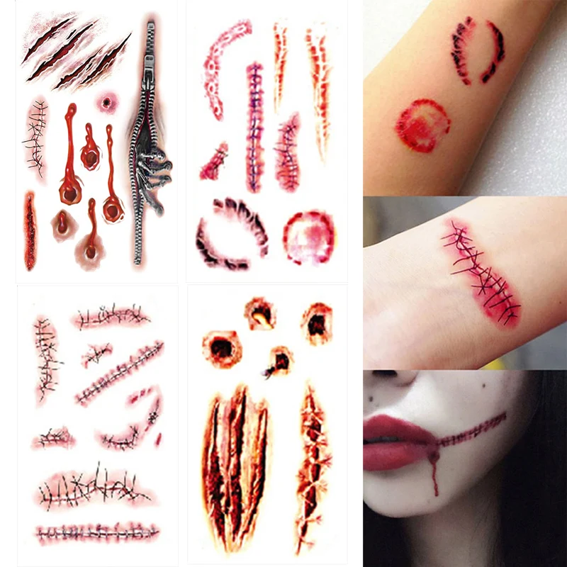 Tatuajes falsos impermeables para Halloween, decoraciones de maquillaje para Halloween, heridas, sangre atemorizante, lesiones, tatuajes temporales calcomanías, 1 unidad