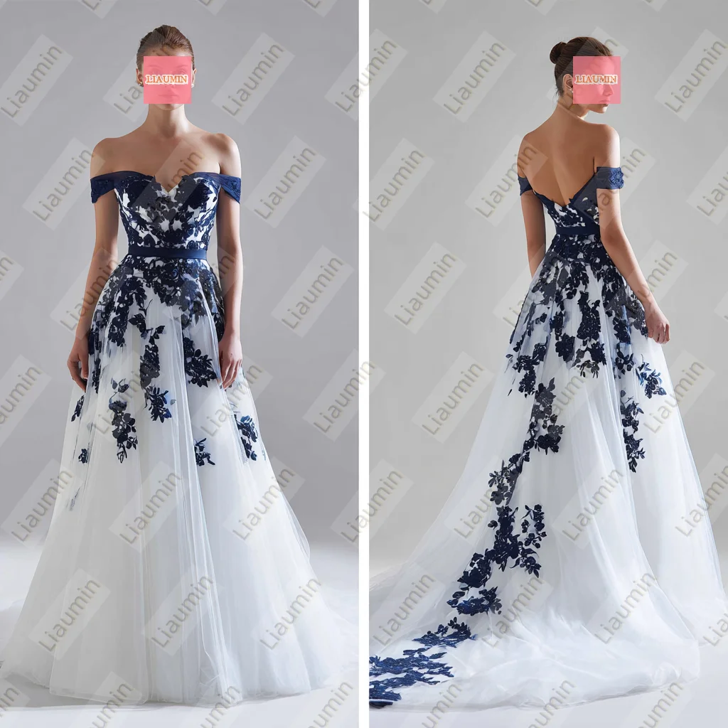 

New White Tulle Blue Lace Applique Off The Shoulder Lace-up Back Evening Formal Wedding Occasion Prom Dress Customized W20.1.24