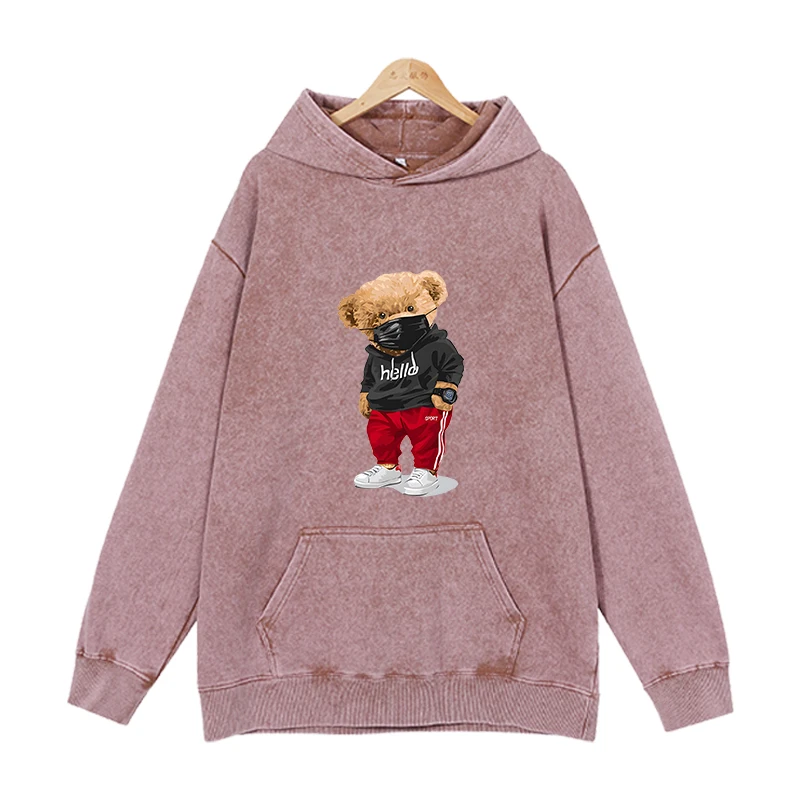 New men\'s and women\'s hooded pullovers with teddy bear print, loose, simple, trendy American long sleeved street hoodie