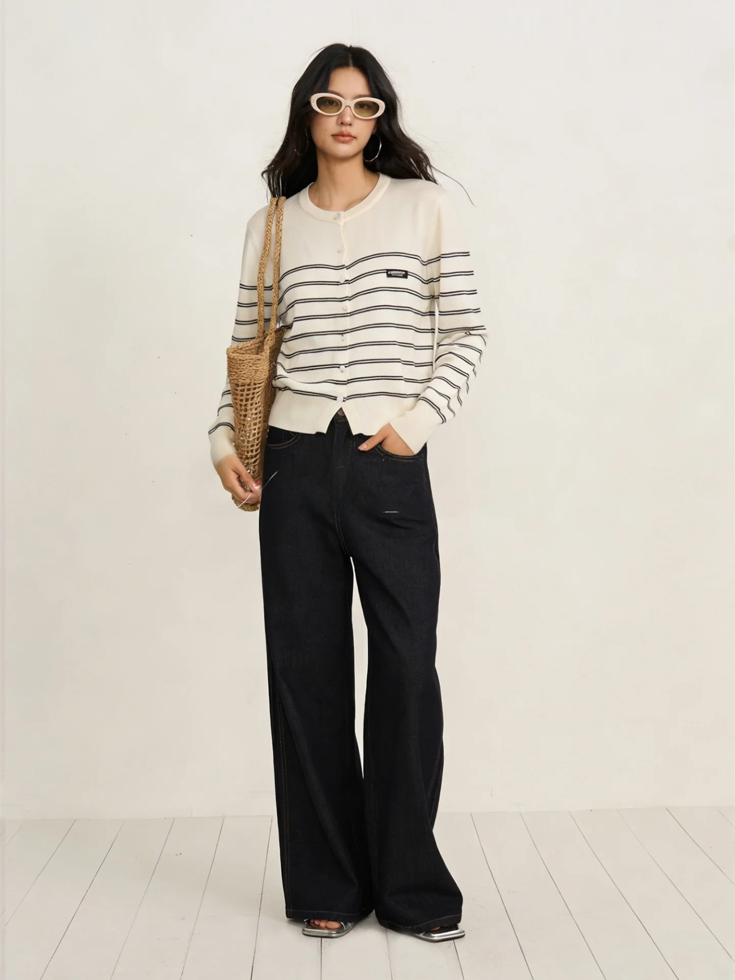 

Chill Zoey Women's Soft Sle round Ne Striped Knitted Cardigan Spring Outerwear Lightweight Long Sve Polyester Blend