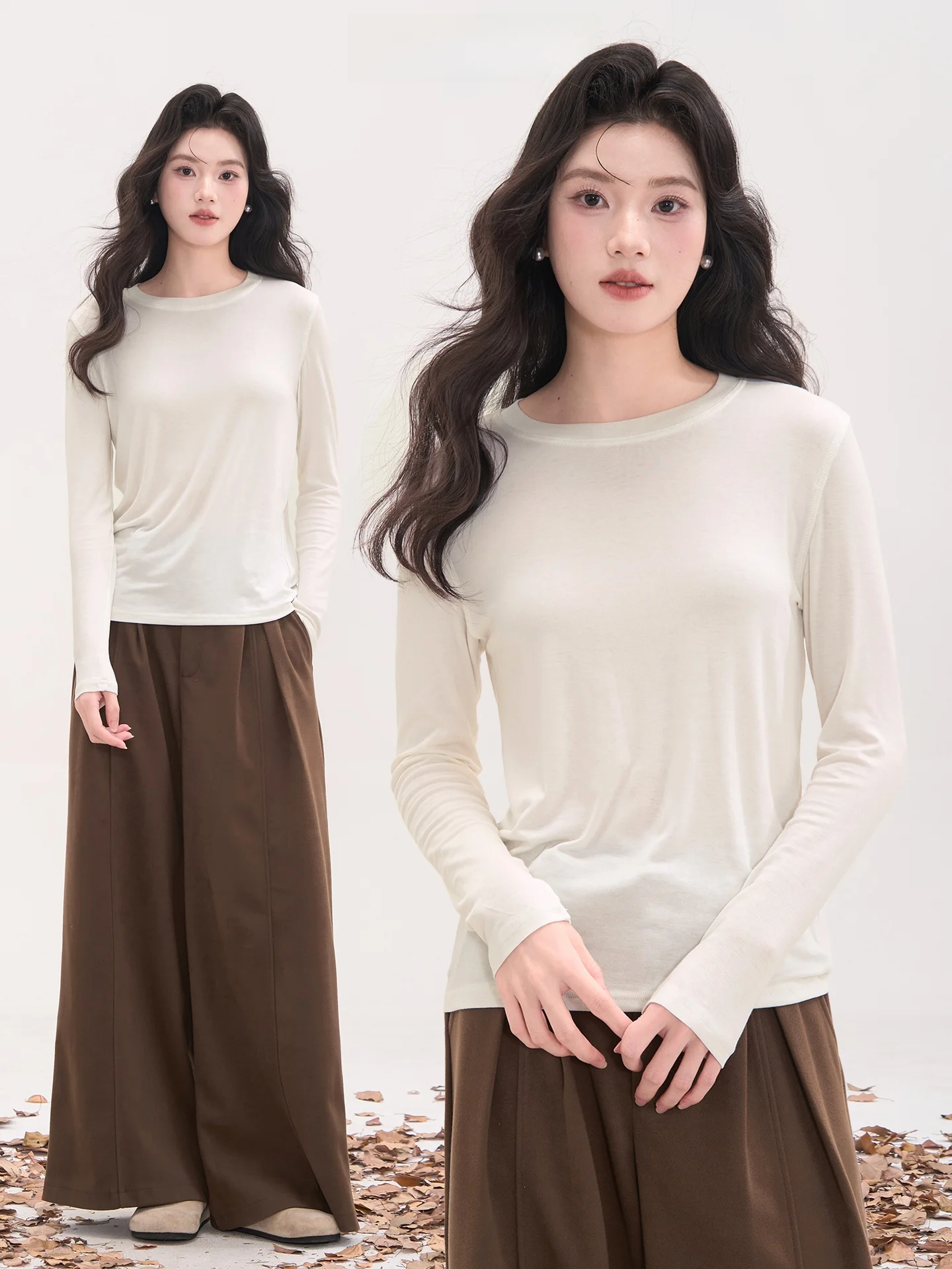 

Sweet Milk Cake Versatile Design Sense oulder Line T-irt Women's Base irt Top Autumn Season French Sle round Ne Lon...