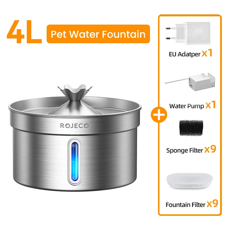ROJECO Roestvrijstalen drinkfontein voor huisdieren Auto Cat Waterfontein Slimme waterdispenser voor huisdieren met pomp voor hond Kat drinkbak