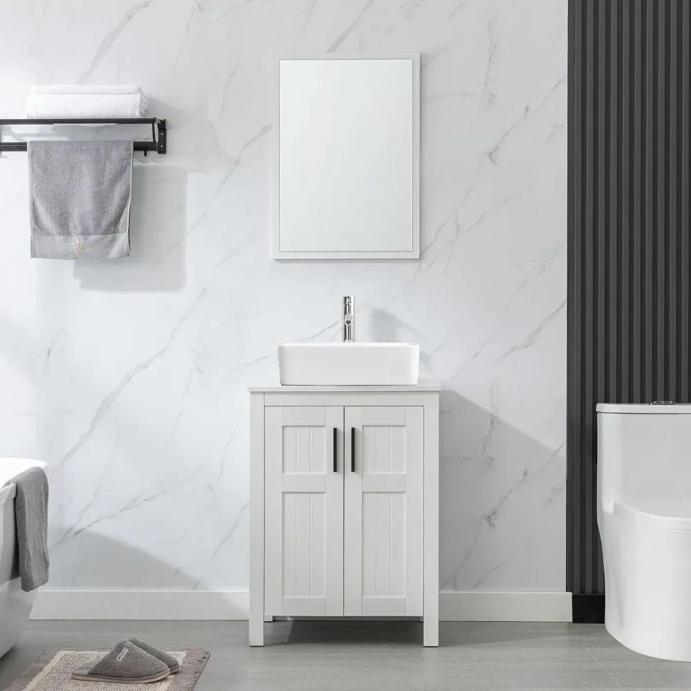 

24" Modern Freestanding Bathroom Vanity Sink Combo – White Rectangle Ceramic Vessel Sink, Straight Lines Design