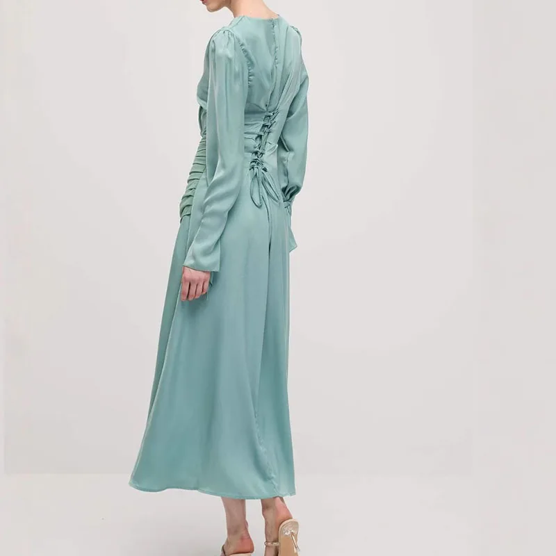 

Lady Temperament O Neck Formal Dress Contrasting Colors High Waist Straight A-line Dress Early Autumn Satin Casual Long Dresses