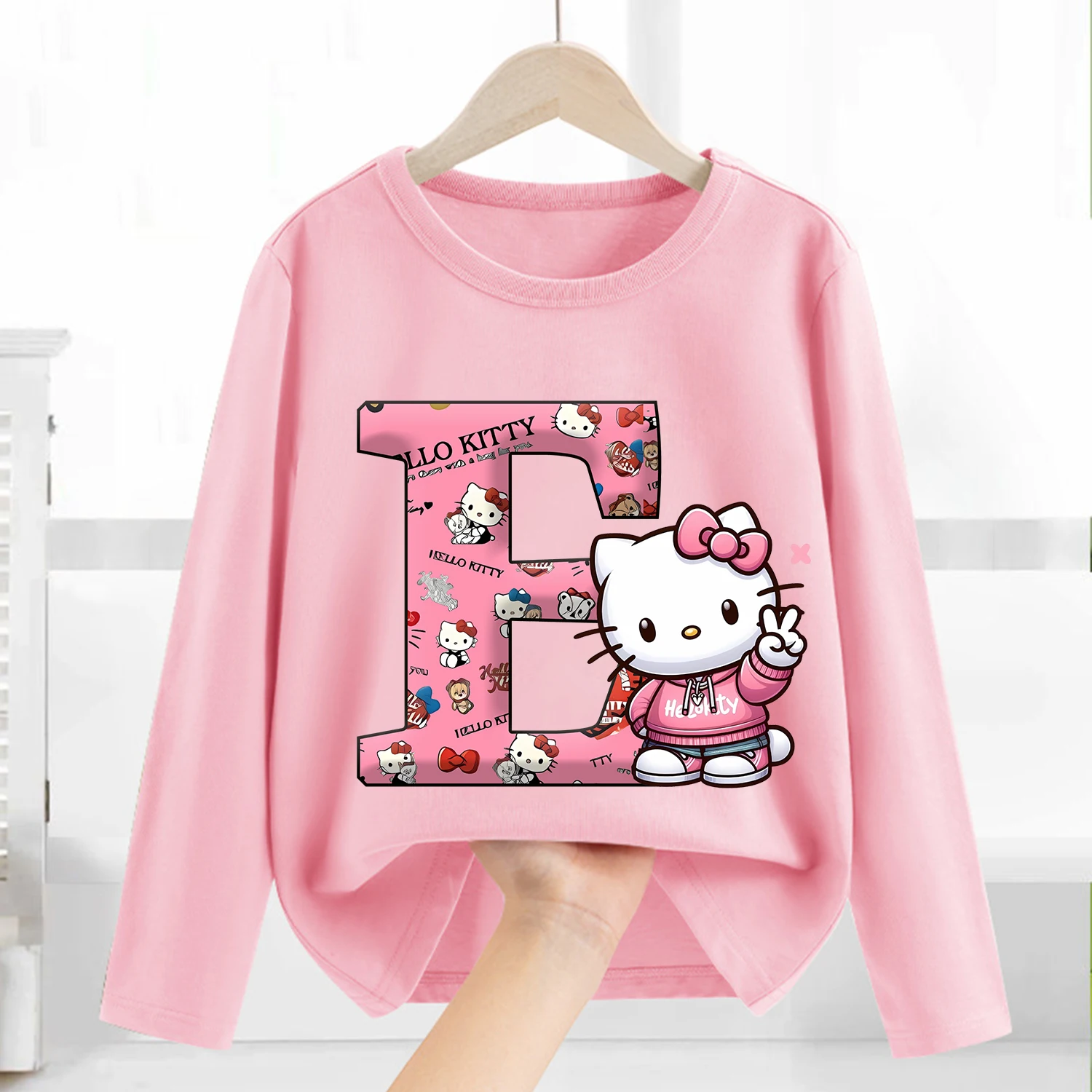 

Детская одежда с длинными рукавами Hello Kitty, одежда с мультяшными буквами, розовый повседневный кафтан, модная одежда для девочек, блузка с круглым воротником, подарок