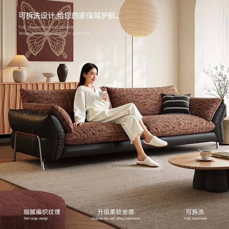 French retro style high-footed leather removable and washable chenille shadow leather cloth sofa, Grado living room sofa