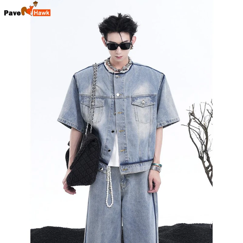 

Men Denim Jacket Summer Motorcycle Trend Loose Shoulder Pads Cowboy Cardigan Single Breasted Short Sleeved Pockets Fashion Shirt