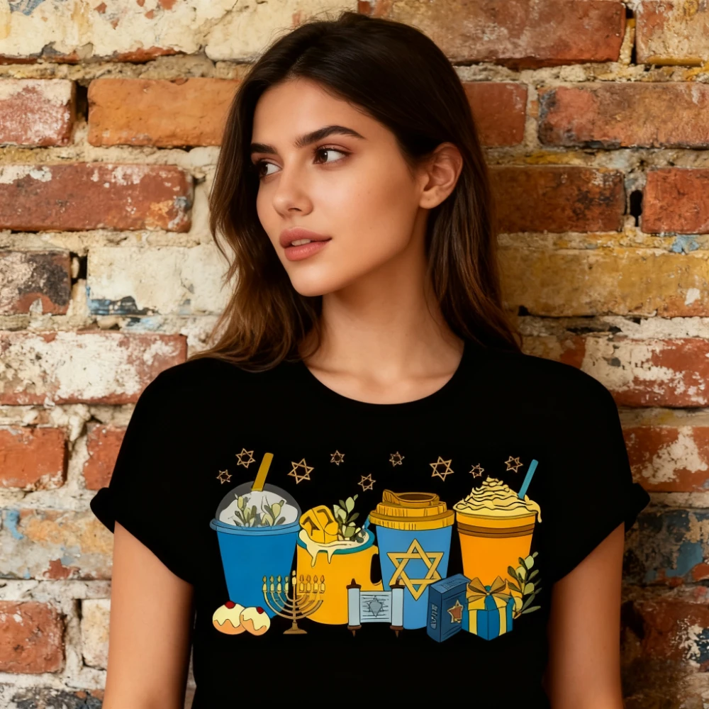 Hanukkah Coffee Shirt Coffee Lover Gift T-Shirt Hanukkah Family TShirt Menorah Creative Printed Holiday Tee Men Women Cotton Top