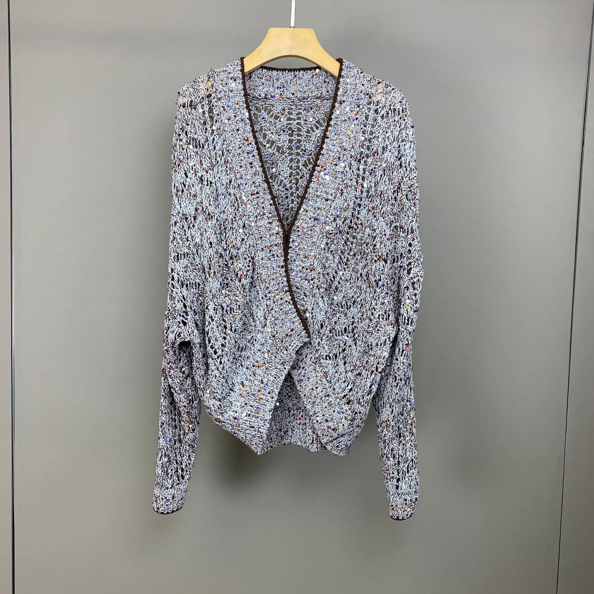 Women's Spring Summer New Sequin Hollowed Out Linen Long Sleeved Knitted Cardigan