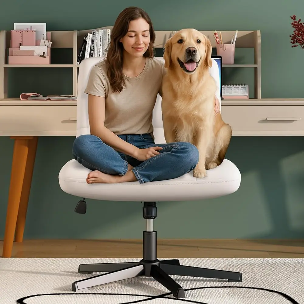 

Criss Cross Chair With Wheels, White Arml Cross Legged Office Desk Chair For Home Office, Pu Leather Swivel Height Adjustable