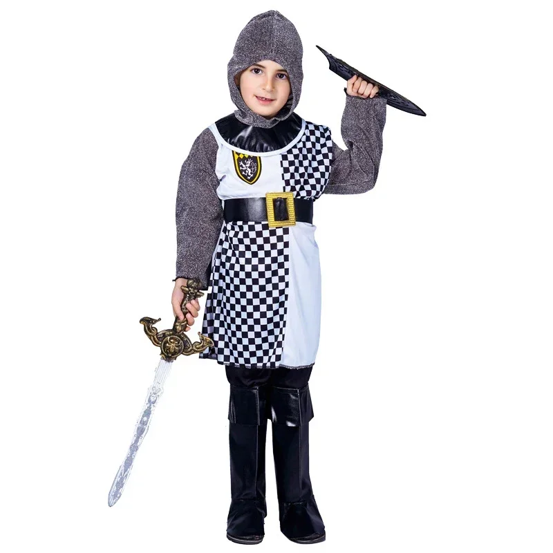 Kid Boys Medieval Knight Warrior Sword Costume Infant Lancelot Cosplay Crusader Hooded Outfit Armor Vest Coat Pants For C CMM221