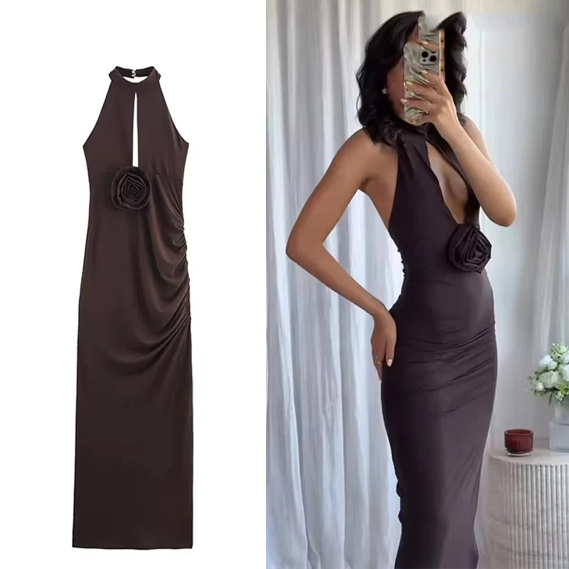 Chic Elegante Blume Frau Kleid Drapierte Schlank Halter Lange Kleider für Frauen Backless Sexy Midi Kleid Mode Weibliche Vestido ﻿