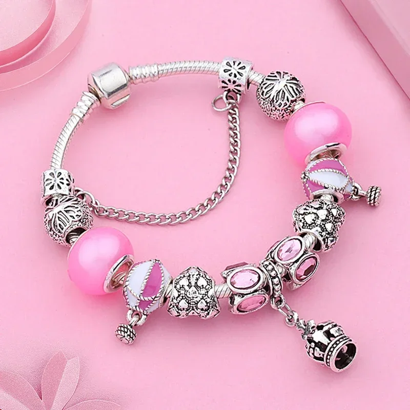 Dropshipping Silver Plated Crown Bead Bracelet Cute Pink Enamel Balloon Pendant Charm Bracelets & Bangles for Fashion Gift