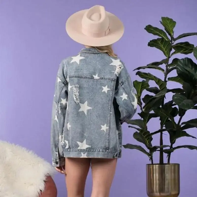Ripped Holes Women Denim Coat Cardigan Single Breasted Long Sleeve Loose Spliced Turn Down Collar High Street