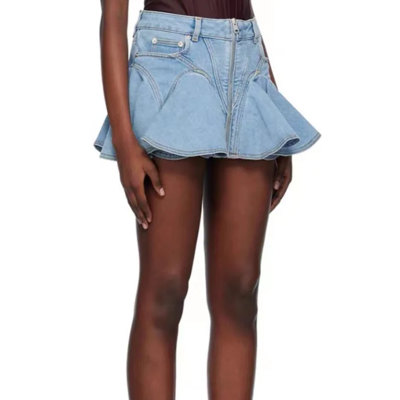 

High Quality 3D Ruffled Edge Patchwork Denim Short Skirt Women's New Summer Front Zipper Blue High Waisted Versatile Jean Skirt