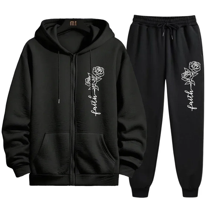 

Мужской комплект, спортивная толстовка с капюшоном, черные спортивные штаны, осенне-зимний повседневный спортивный комплект с капюшоном на молнии, комплект для бега