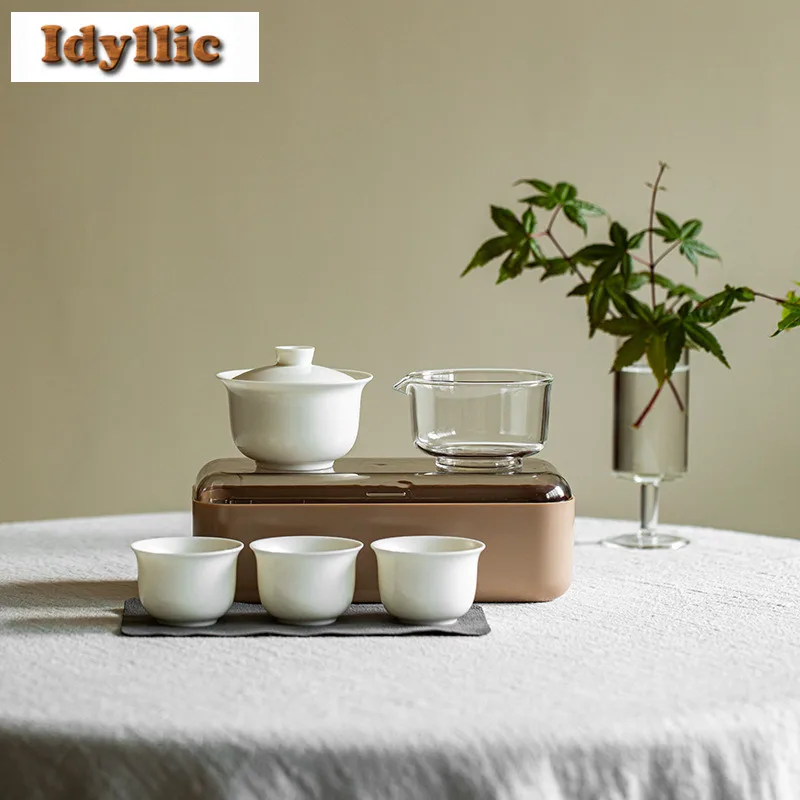 

Matte Glaze White Travel Tea Set Kit Antique 1 Bowl 3 Cups Household Tea Maker Organizer Portable Outdoor Handbag Tea Ceremony