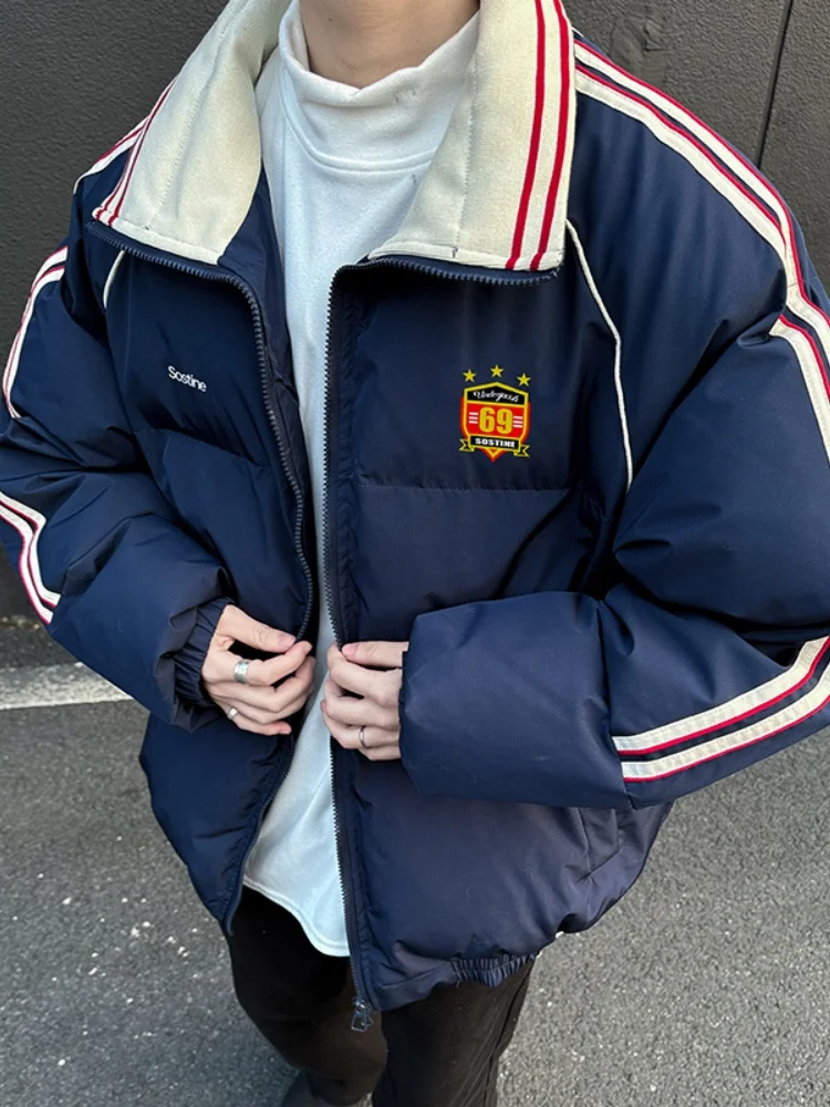 

Модная американская утепленная хлопковая куртка для мужчин с воротником-стойкой и цветными полосками, повседневная зимняя верхняя одежда