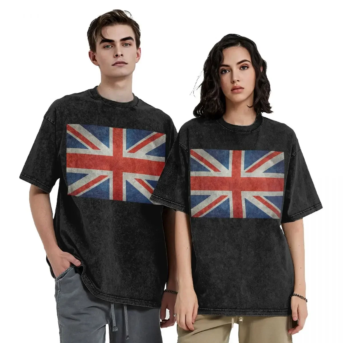 

British Union Jack Flag Grungy Vintage Version Hip Hop Short Sleeve T-Shirts Washed Tops Tees Streetwear T Shirt Harajuku